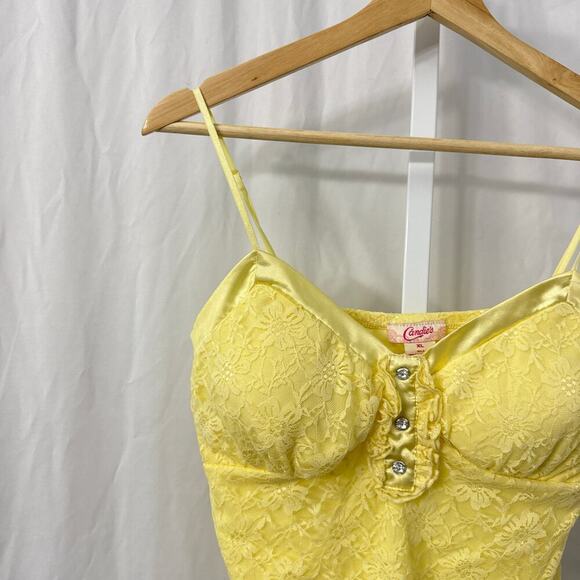 Candies Y2K Babydoll Top XL Yellow Lace Rhinestone Floral - Picture 5 of 12
